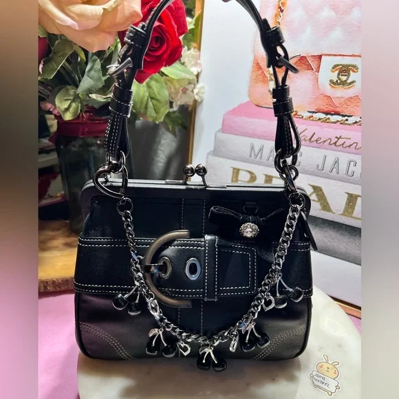 Coach RARE Black Soho Kisslock Vintage leather crystal velvet bow EUC - Picture 1 of 13